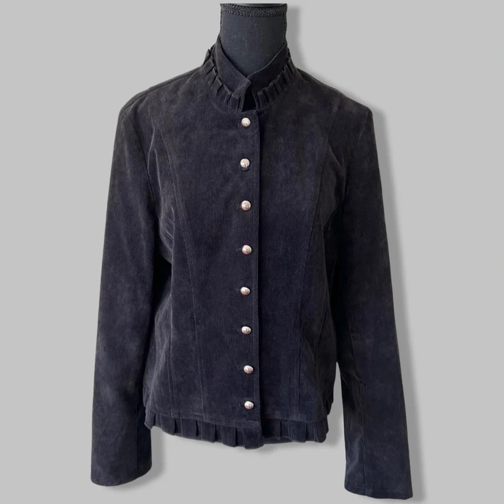 Laura Black Corduroy  Ruffles Trim Button Down Shirt Jacket Blazer